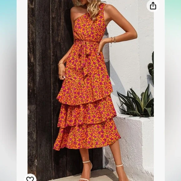 Floral One shoulder Tiered Ruffle FlowY midi dress - Picture 1 of 11